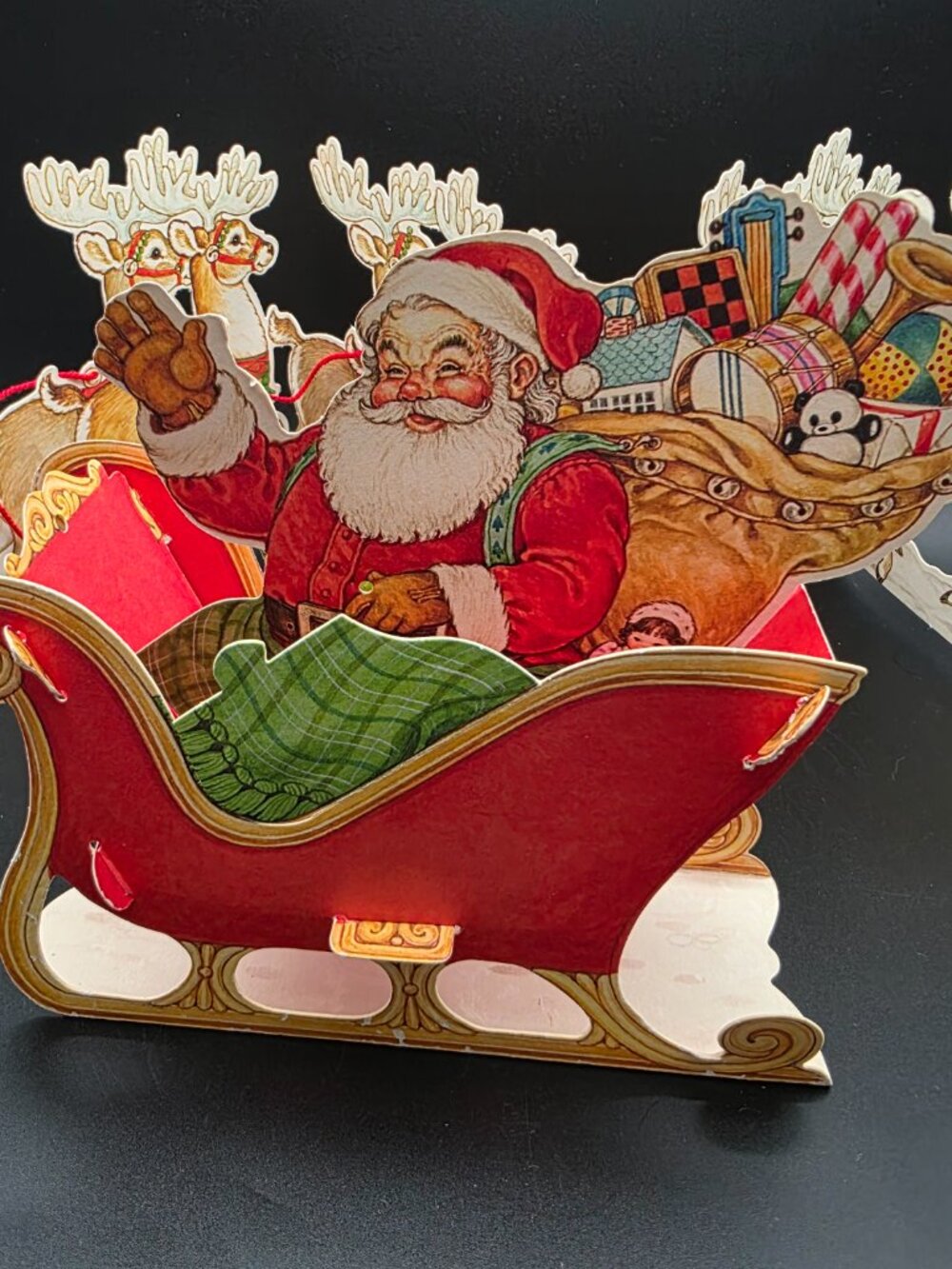 1983 traditional SANTA CLAUS MERRY CHRISTMAS cutout HALLMARK sleigh deer vtg